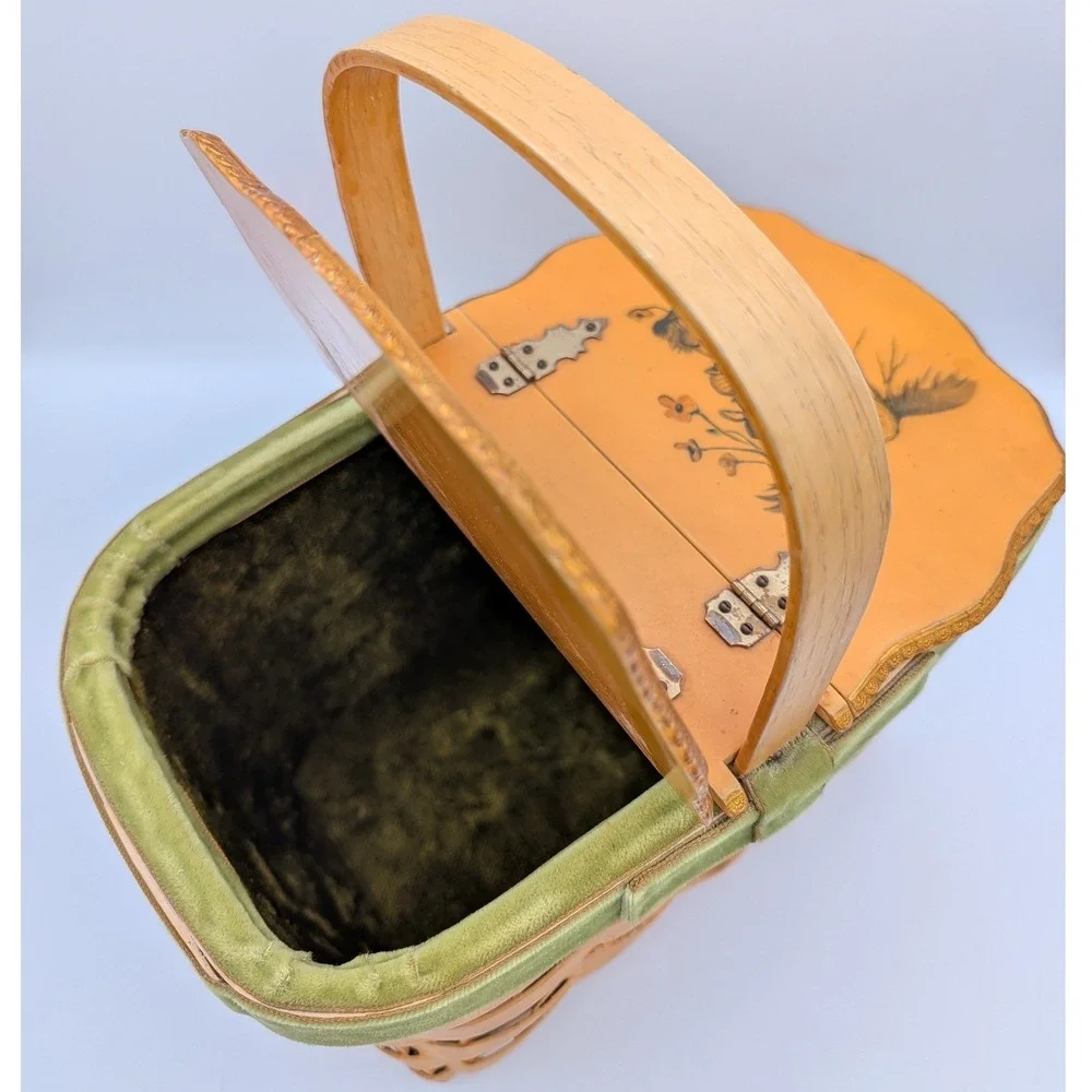 VTG Decoupage Woven Wood Picnic Basket Velvet Lined MCM Kitschy Decor Handbag
